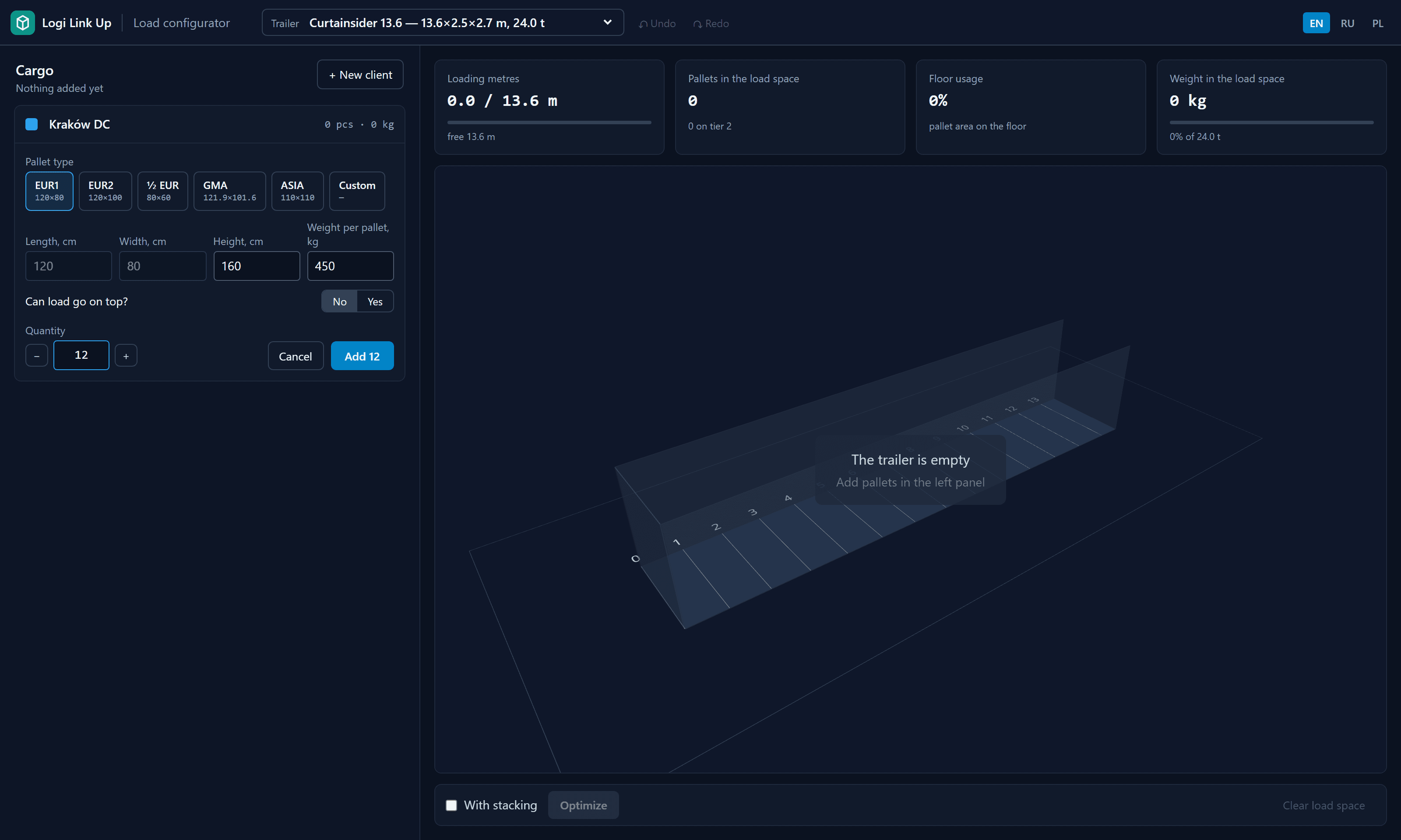 Add pallets form for the client Kraków DC: EUR1 pallet type selected, height 160 cm, weight 450 kg, Can load go on top set to No, quantity 12 and an Add 12 button; the empty 13.6 m trailer is shown on the right