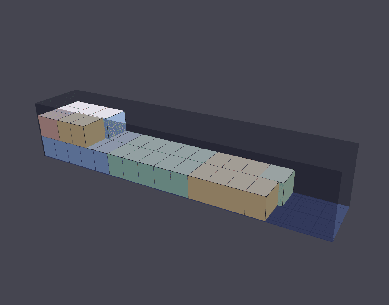 3D truck configurator showing cargo space with color-coded pallets on a grid floor