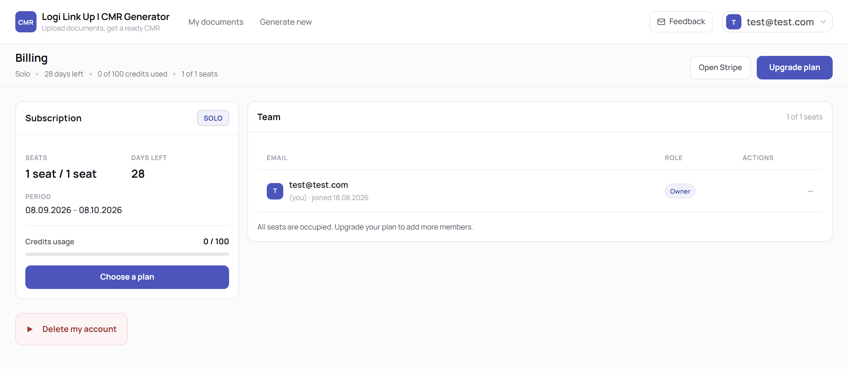 Billing page with a Subscription card showing the Solo plan, 1 of 1 seats, 28 days left, the billing period dates and credits usage, next to a Team card listing the account owner with their email and Owner role