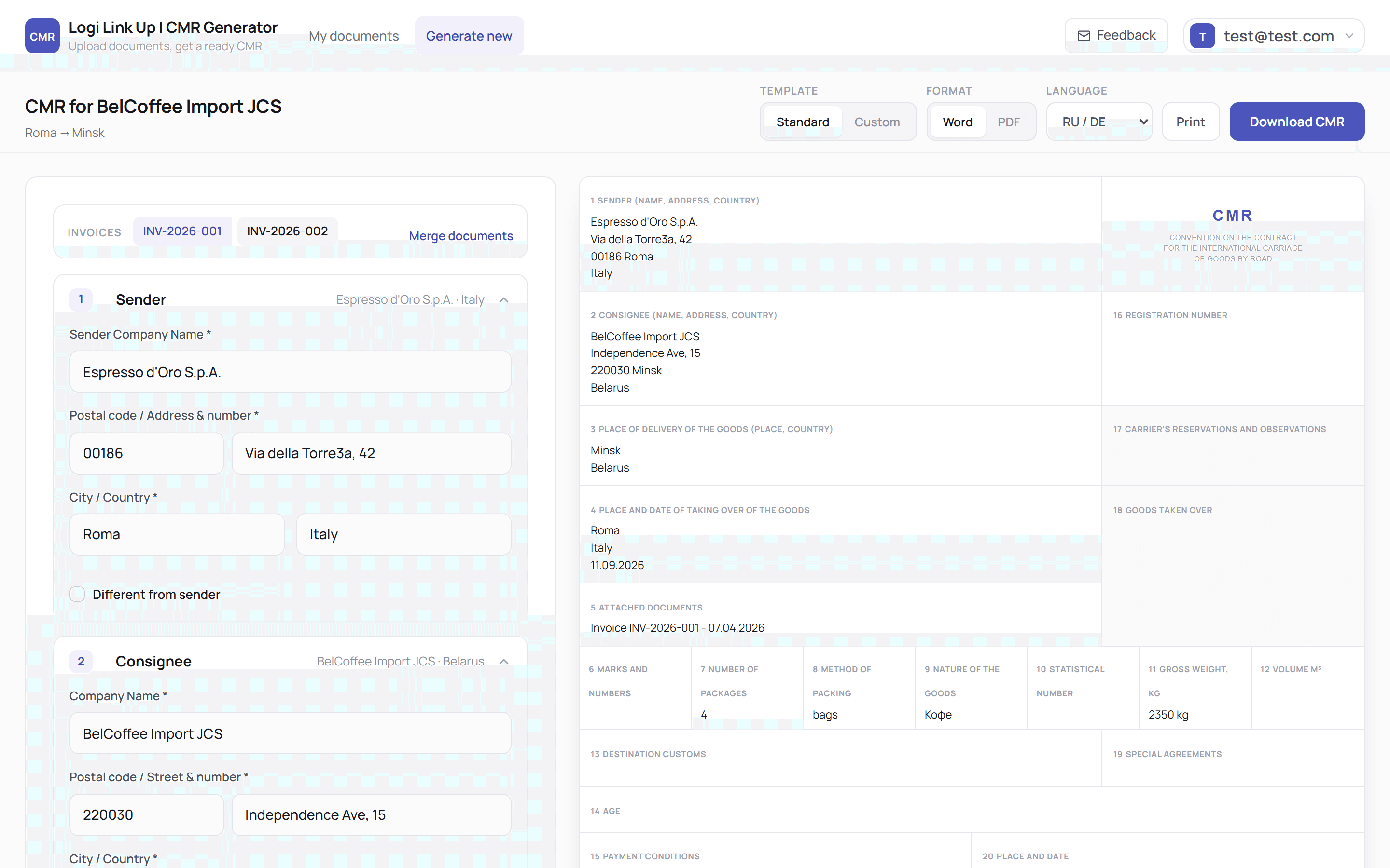 CMR form for BelCoffee Import JCS: on the left, invoice chips INV-2026-001 and INV-2026-002 with a Merge documents link, then numbered Sender and Consignee sections with a summary in each header; on the right, a live CMR preview with the sender, consignee, place of delivery and goods boxes filled in; above both, the Template, Format and Language controls with Print and Download CMR buttons