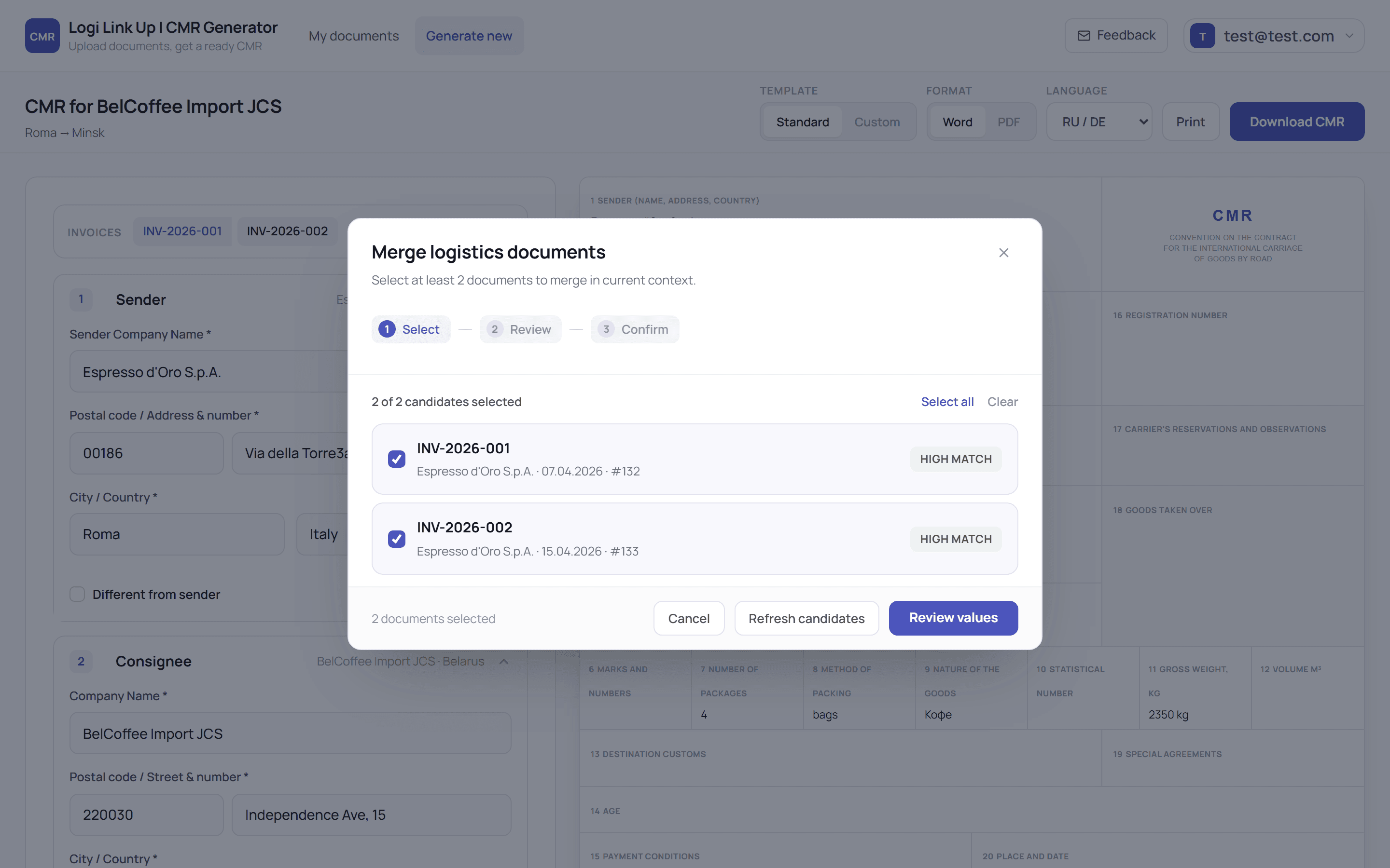Merge logistics documents dialog on step 1 of Select, Review and Confirm, listing two invoices from Espresso d'Oro S.p.A., INV-2026-001 and INV-2026-002, both checked and labelled HIGH MATCH, with Cancel, Refresh candidates and Review values buttons