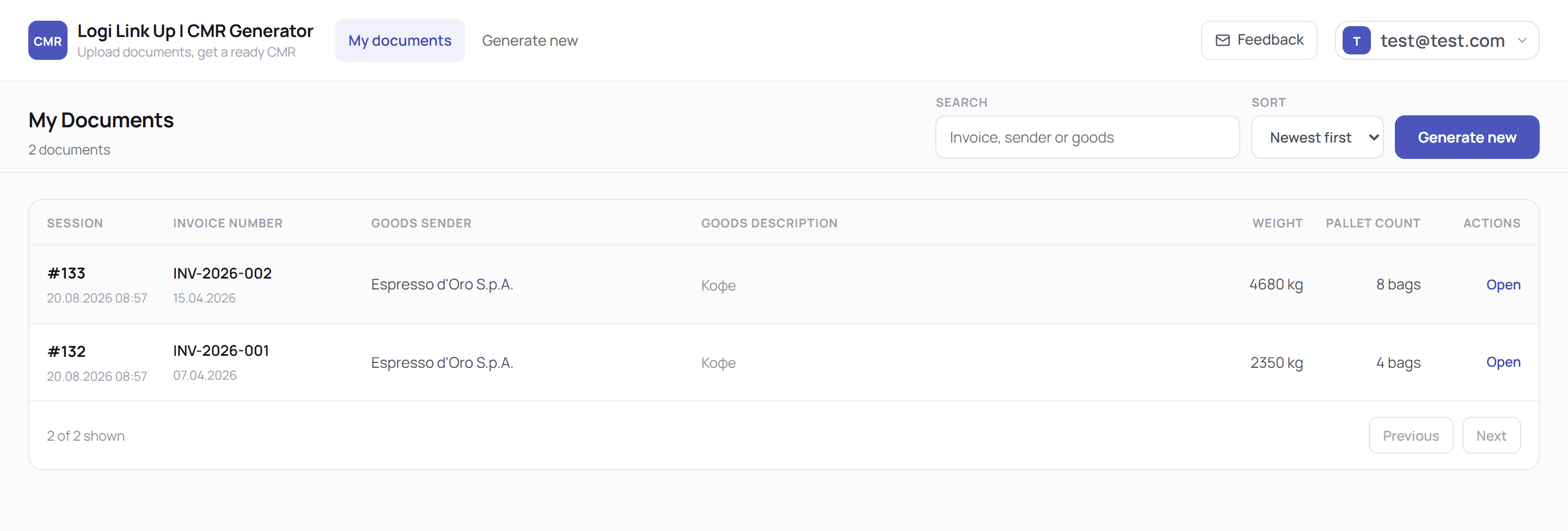 My Documents page with a search field for invoice, sender or goods, a Newest first sort menu and a table of two sessions showing session number, invoice number, goods sender, goods description, weight, pallet count and an Open action, with Previous and Next buttons below