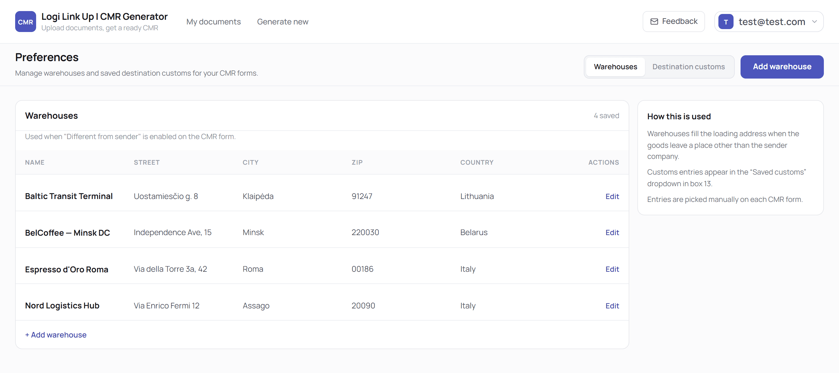 Preferences page on the Warehouses tab, with a table of four saved warehouses showing name, street, city, zip and country with Edit links, the Destination customs tab and an Add warehouse button at the top, and a How this is used sidebar on the right