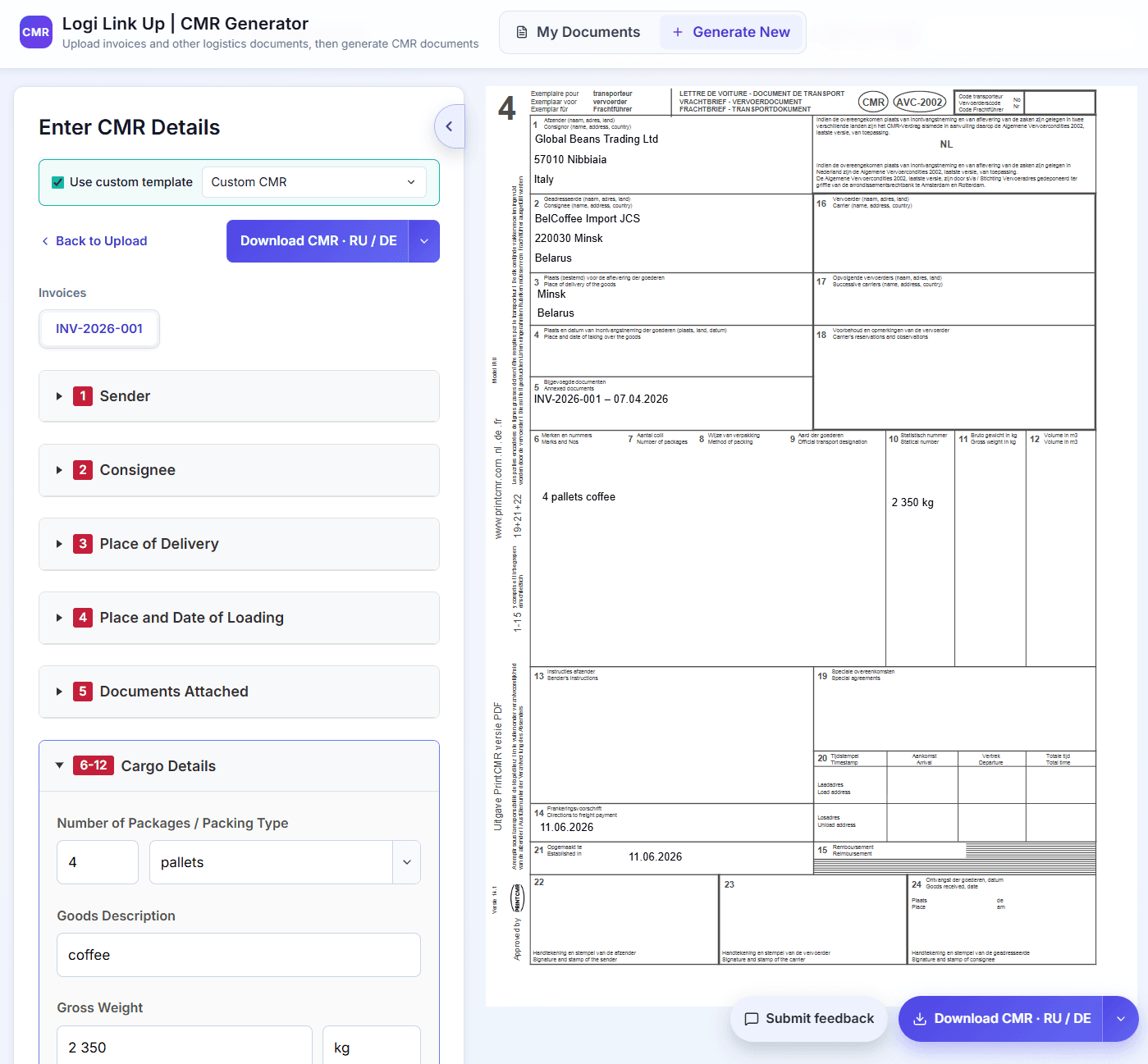 CMR generation page with the Use custom template checkbox checked and Custom CMR selected in the dropdown; the right panel previews the filled CMR document using the custom blank form with real shipment data