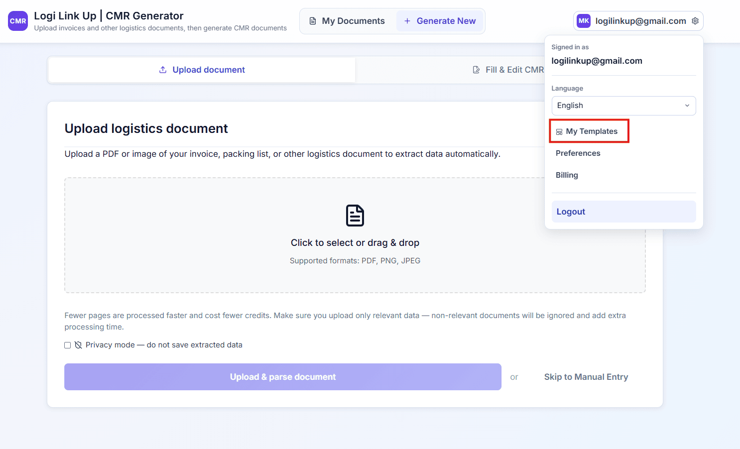 CMR Generator account menu opened in the top-right corner, with the My Templates item highlighted between the language selector and Preferences