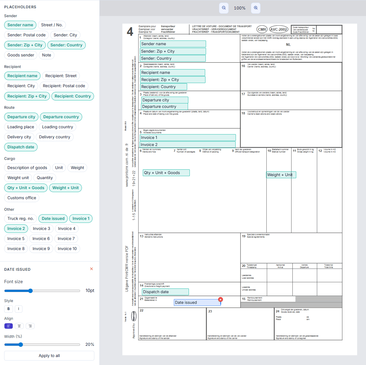 Custom CMR template editor showing the left placeholder panel with categories Sender, Recipient, Route, Cargo and Other — placed placeholders are highlighted in teal, unplaced ones are grey — and the CMR blank on the right with positioned data fields